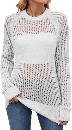 Famulily Comfy Crochet Sweaters for Women Light Weight Long Sleeve Crew Neck Hollow Out Pullover Cover Ups