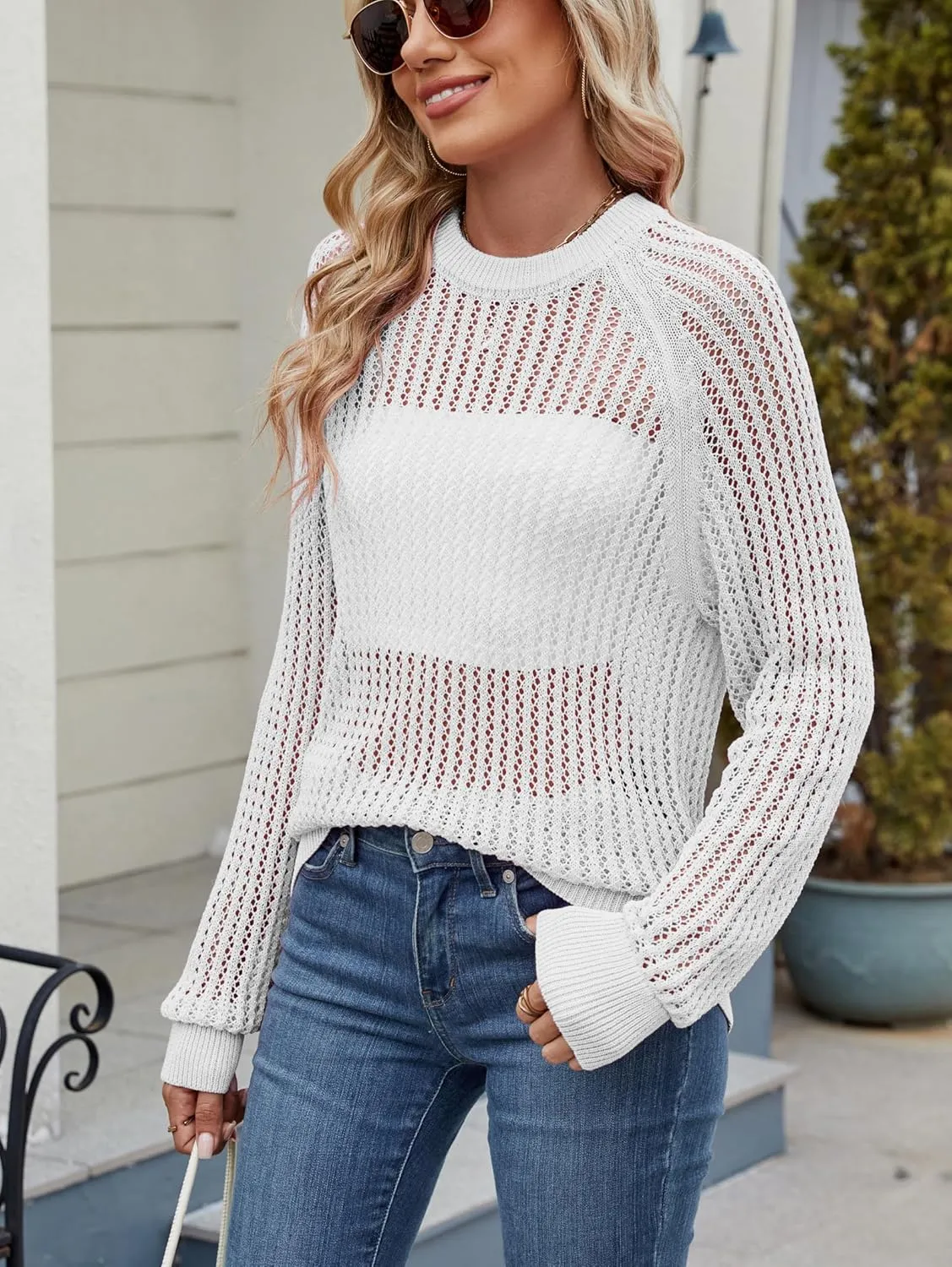 Famulily Comfy Crochet Sweaters for Women Light Weight Long Sleeve Crew Neck Hollow Out Pullover Cover Ups