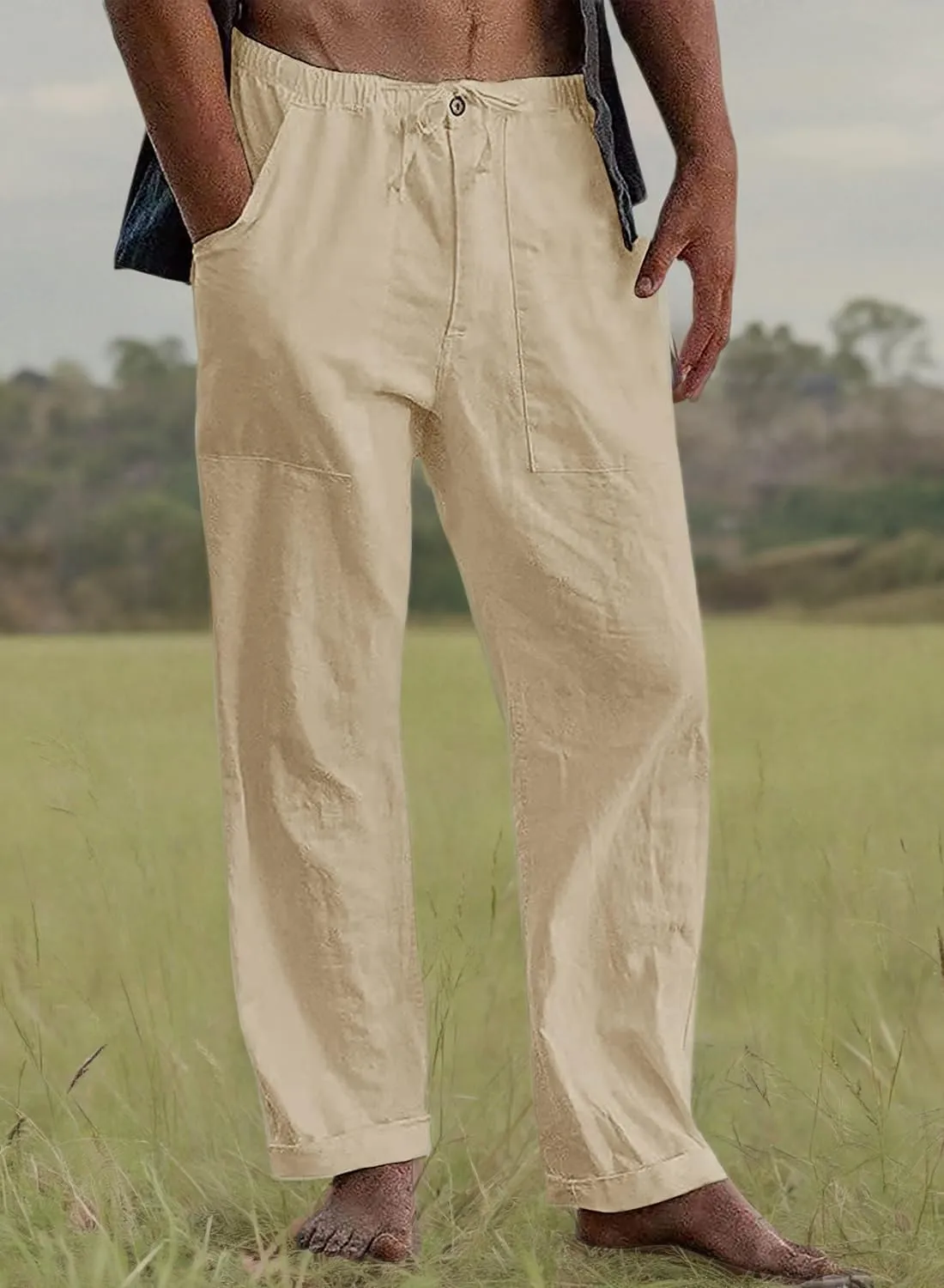 FANARCHER Mens Cotton Linen Pants Drawstring Loose Beach Pants with Pockets