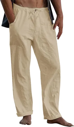 FANARCHER Mens Cotton Linen Pants Drawstring Loose Beach Pants with Pockets