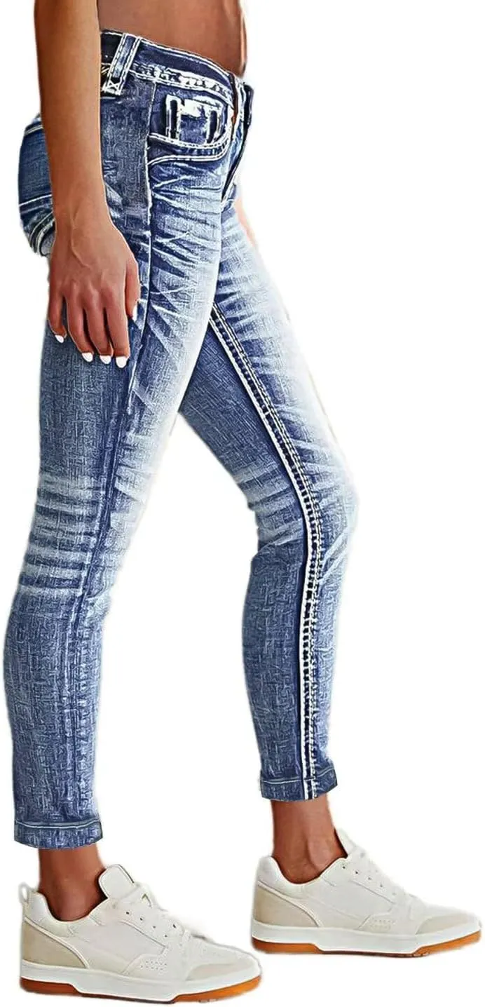 Flamingals Women's Mid Waisted Button Fly Straight Leg Front Jeans Topstitching Ripped Casual Denim Pants