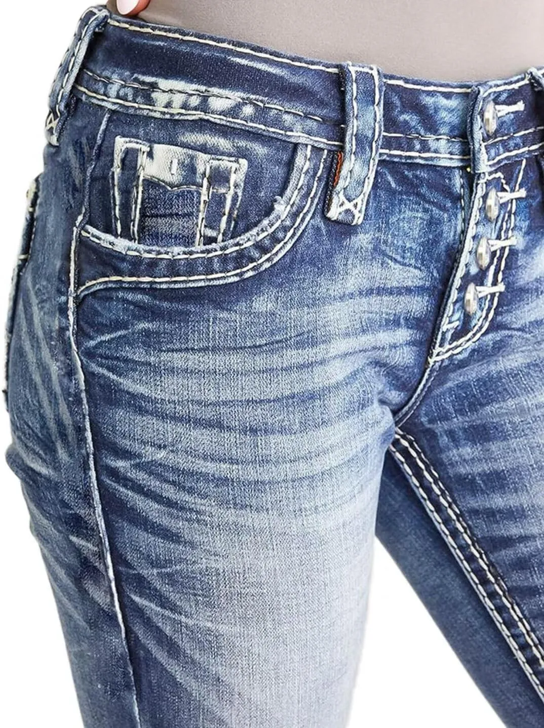Flamingals Women's Mid Waisted Button Fly Straight Leg Front Jeans Topstitching Ripped Casual Denim Pants