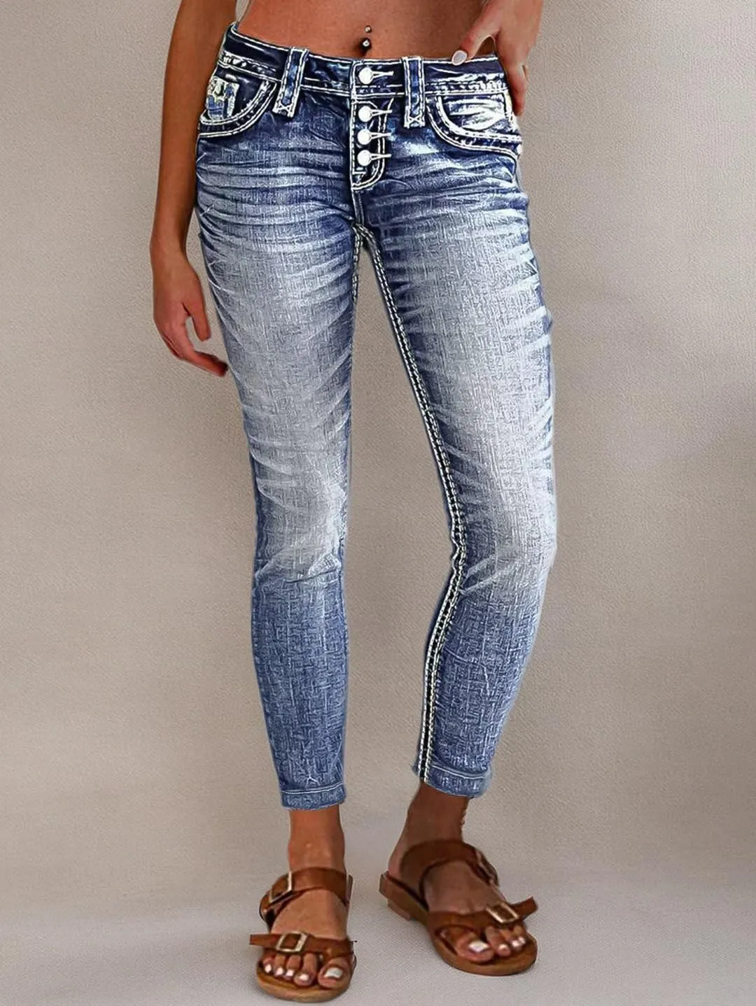 Flamingals Women's Mid Waisted Button Fly Straight Leg Front Jeans Topstitching Ripped Casual Denim Pants
