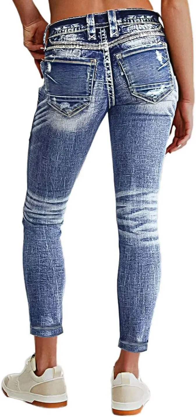 Flamingals Women's Mid Waisted Button Fly Straight Leg Front Jeans Topstitching Ripped Casual Denim Pants