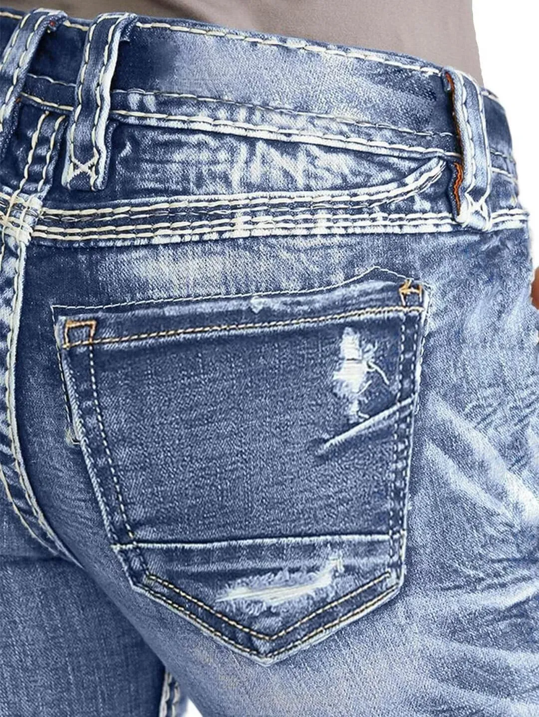 Flamingals Women's Mid Waisted Button Fly Straight Leg Front Jeans Topstitching Ripped Casual Denim Pants