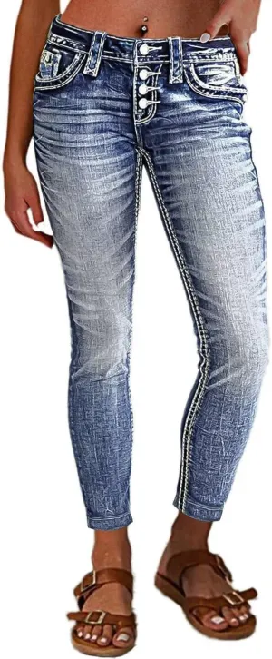 Flamingals Women's Mid Waisted Button Fly Straight Leg Front Jeans Topstitching Ripped Casual Denim Pants