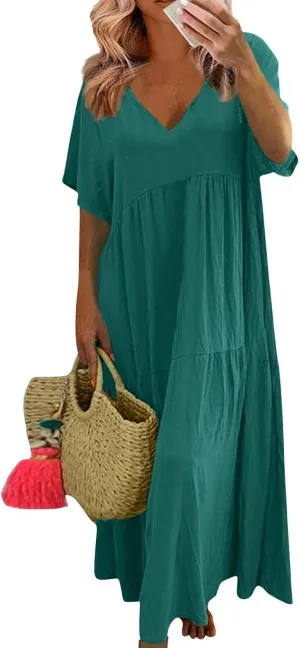 Flowy Dresses for Women Casual Loose Trendy Short Sleeve V-Neck Solid Color Vacation Linen Dress Plus Size, S-5XL
