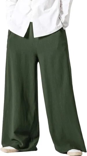 Flygo Mens Linen Pants Casual Wide Leg Baggy Pants Summer Cotton Elastic Waist Yoga Beach Palazzo Trousers