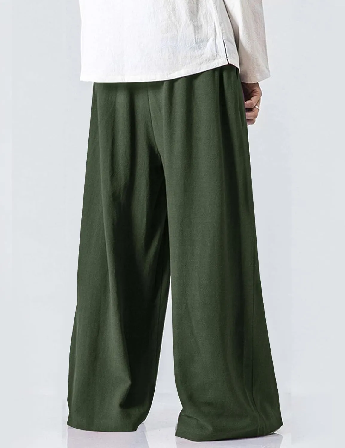 Flygo Mens Linen Pants Casual Wide Leg Baggy Pants Summer Cotton Elastic Waist Yoga Beach Palazzo Trousers