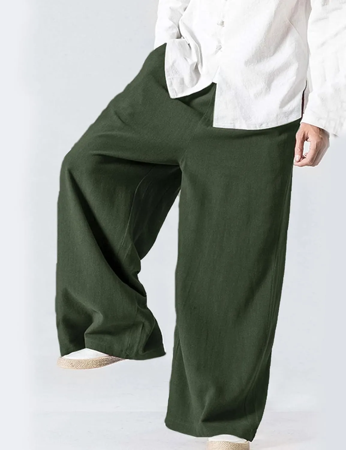 Flygo Mens Linen Pants Casual Wide Leg Baggy Pants Summer Cotton Elastic Waist Yoga Beach Palazzo Trousers