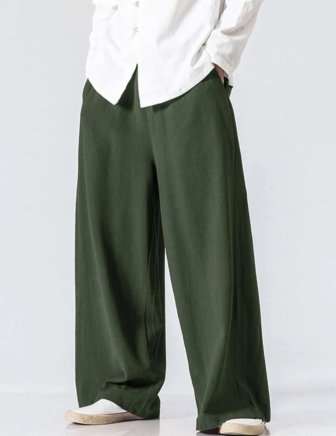 Flygo Mens Linen Pants Casual Wide Leg Baggy Pants Summer Cotton Elastic Waist Yoga Beach Palazzo Trousers