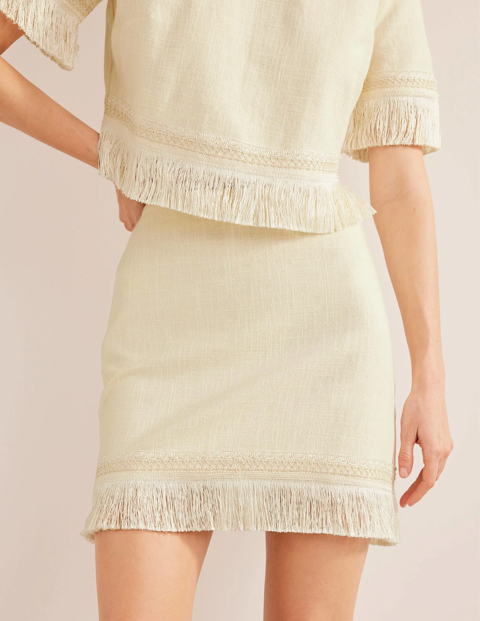 Fringe Detail Mini Skirt-Ecru