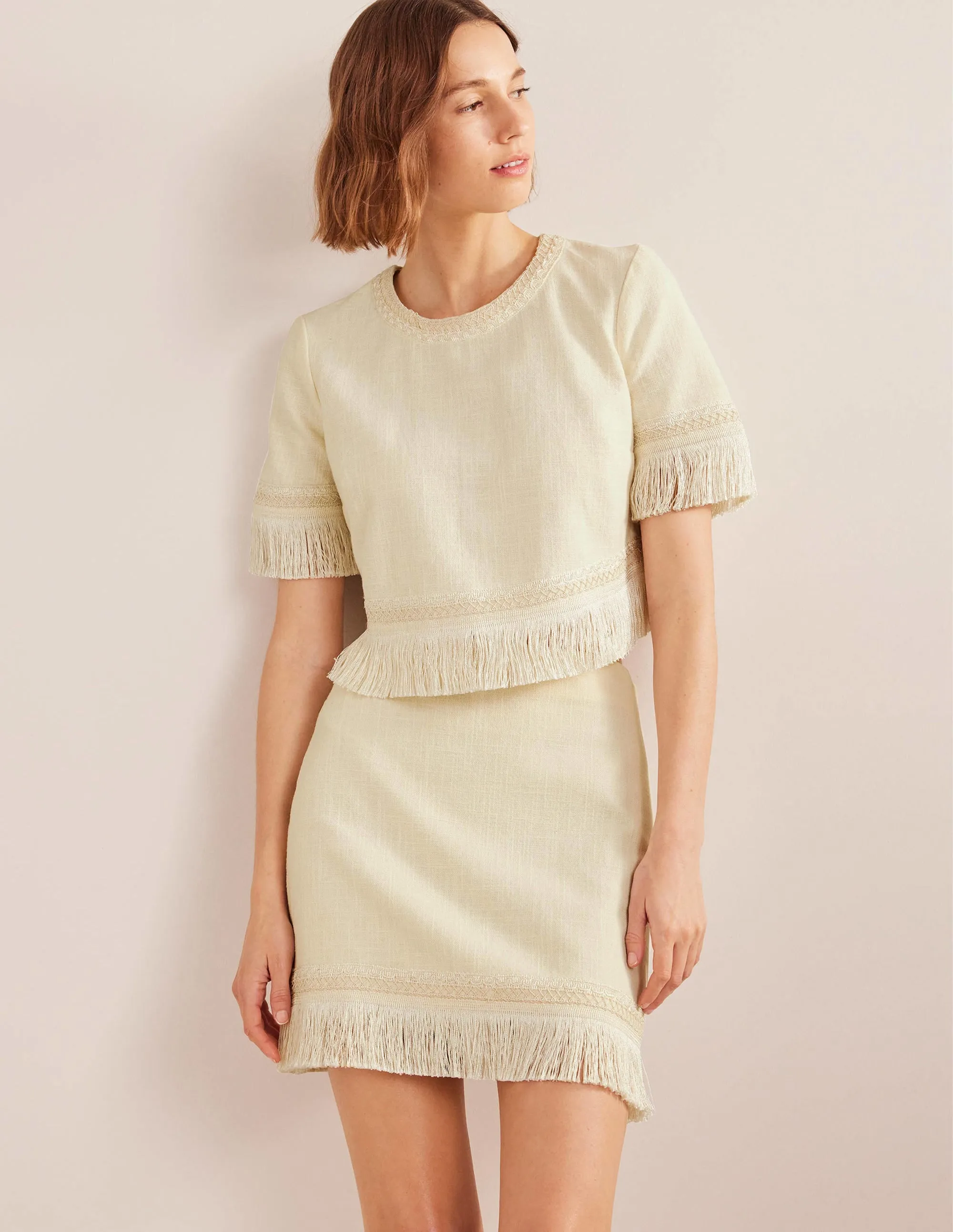Fringe Detail Mini Skirt-Ecru