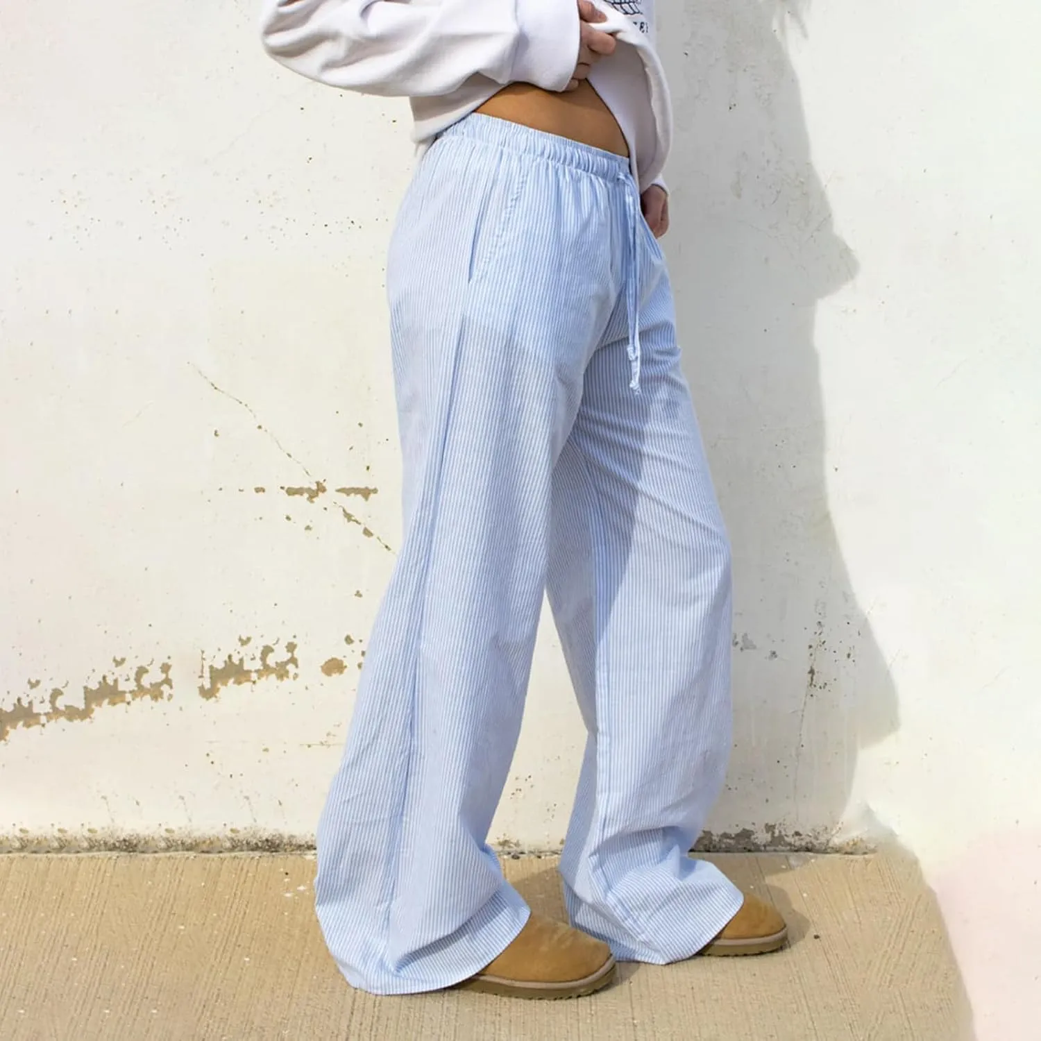 FULA-bao Women's Y2k Striped Wide Leg Pants Stripes Print High Waist Lounge Pants Casual Relaxed Fit Straight Long Trouser