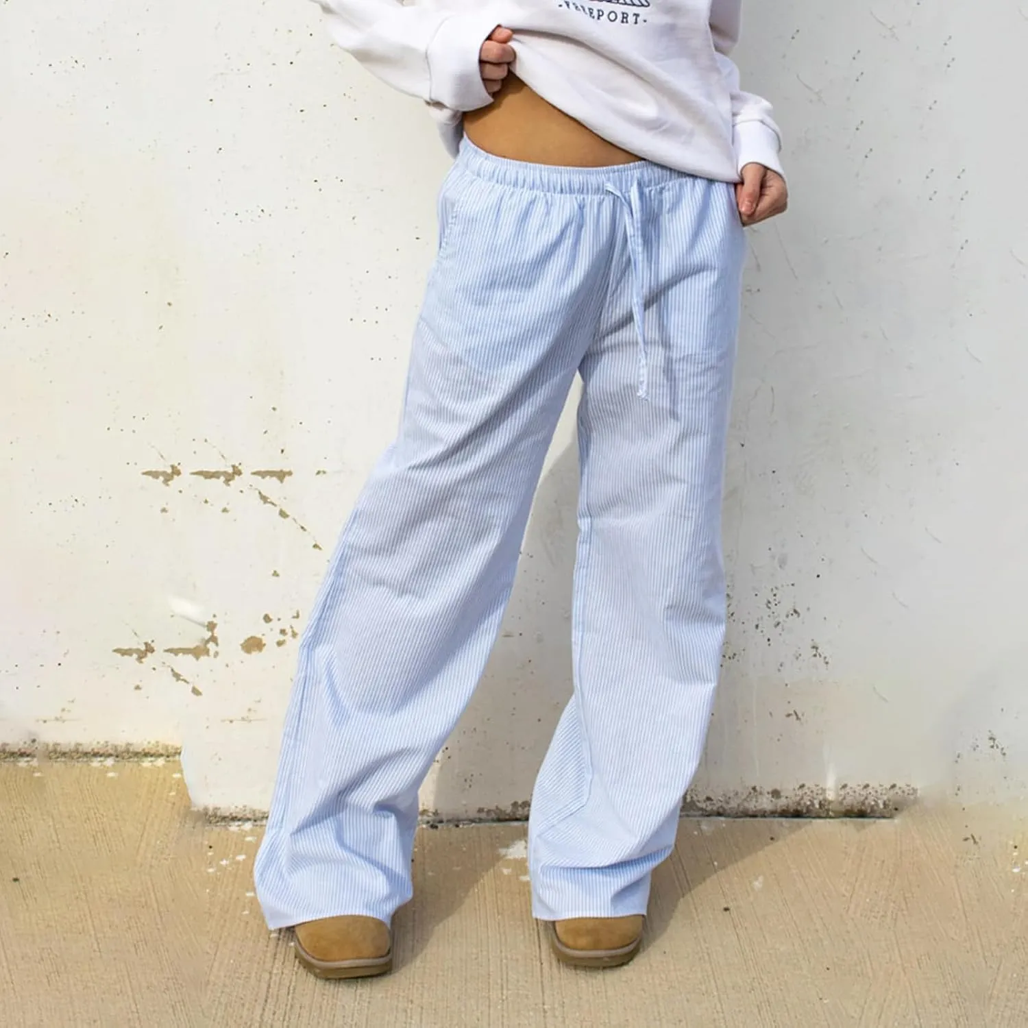 FULA-bao Women's Y2k Striped Wide Leg Pants Stripes Print High Waist Lounge Pants Casual Relaxed Fit Straight Long Trouser