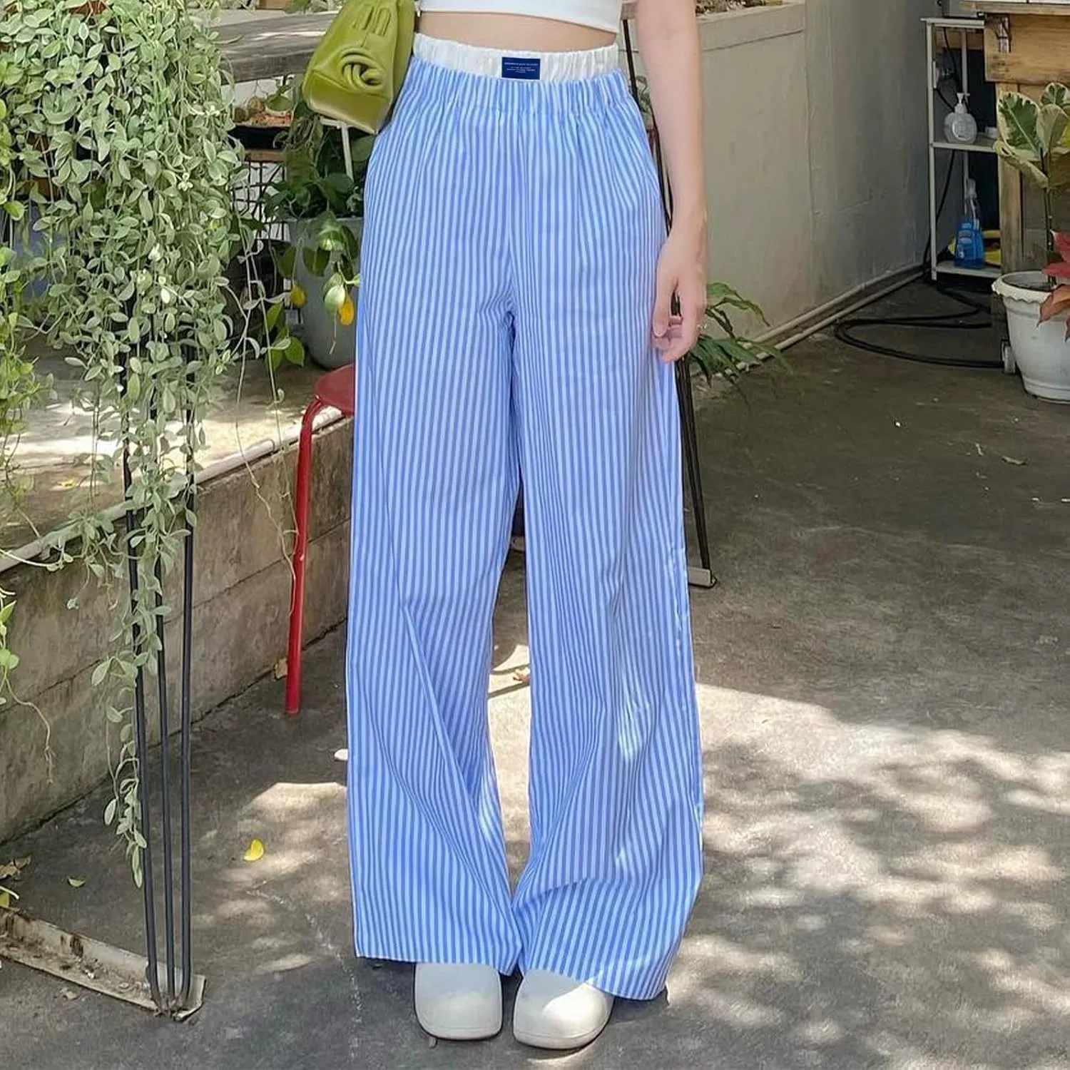 FULA-bao Women's Y2k Striped Wide Leg Pants Stripes Print High Waist Lounge Pants Casual Relaxed Fit Straight Long Trouser