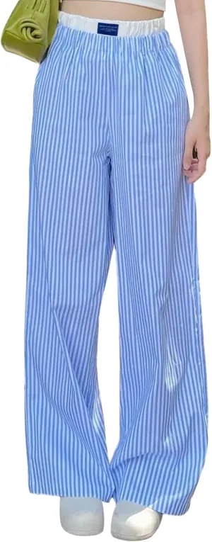 FULA-bao Women's Y2k Striped Wide Leg Pants Stripes Print High Waist Lounge Pants Casual Relaxed Fit Straight Long Trouser