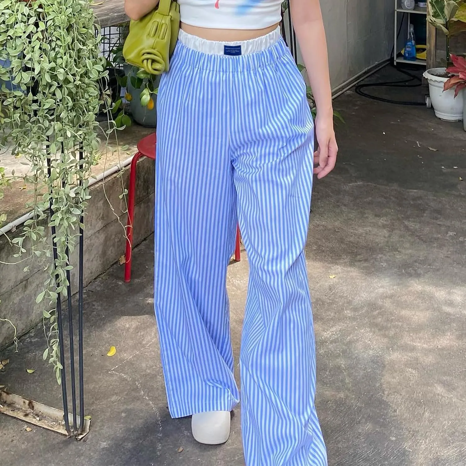 FULA-bao Women's Y2k Striped Wide Leg Pants Stripes Print High Waist Lounge Pants Casual Relaxed Fit Straight Long Trouser
