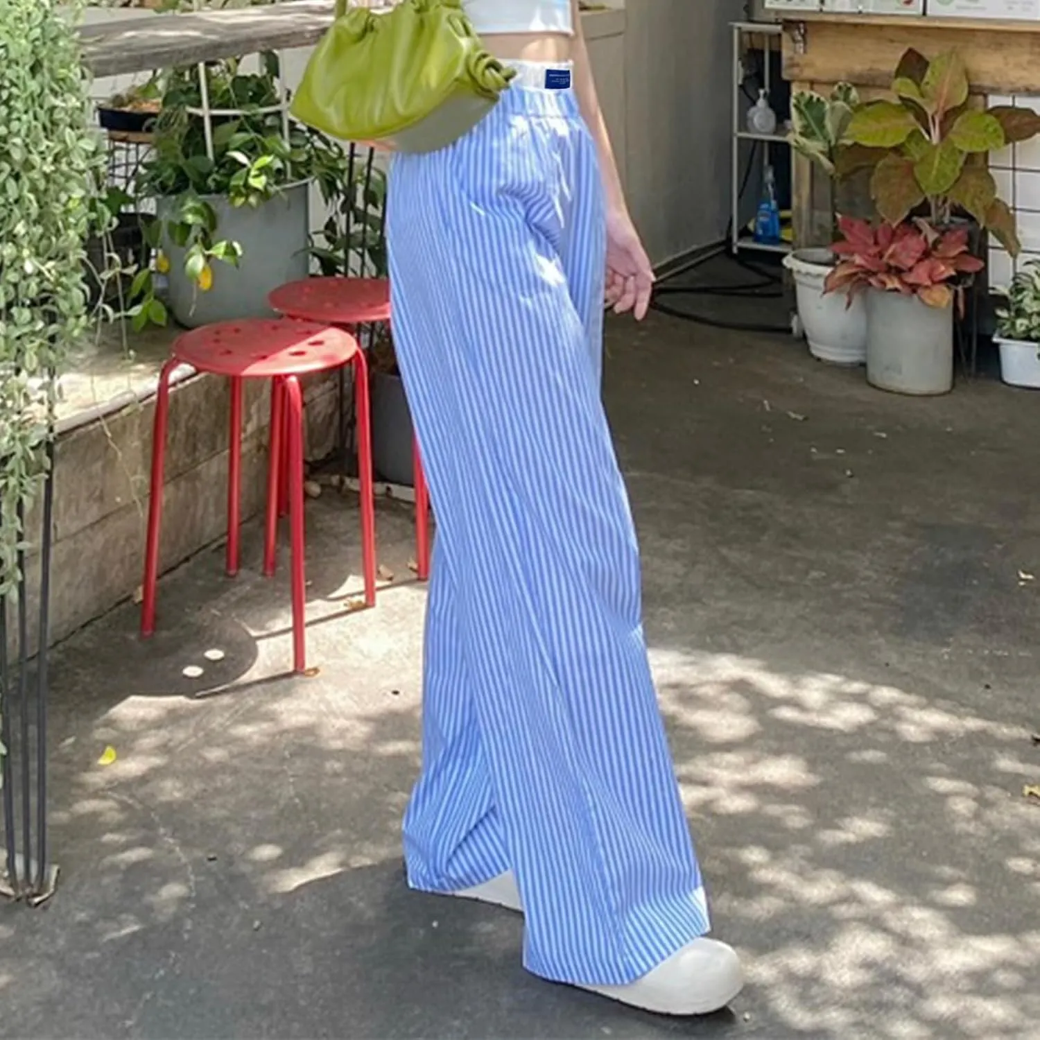 FULA-bao Women's Y2k Striped Wide Leg Pants Stripes Print High Waist Lounge Pants Casual Relaxed Fit Straight Long Trouser