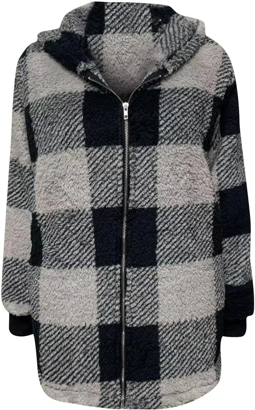 GOFULY Coats For Women Winter Soft Plush Hoodie Full Zip Fall Sherpa Jackets 2024 Plaid Cardigan With Pockets Outfits Trendy