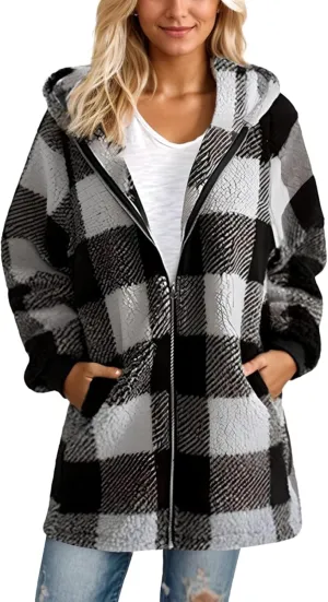 GOFULY Coats For Women Winter Soft Plush Hoodie Full Zip Fall Sherpa Jackets 2024 Plaid Cardigan With Pockets Outfits Trendy