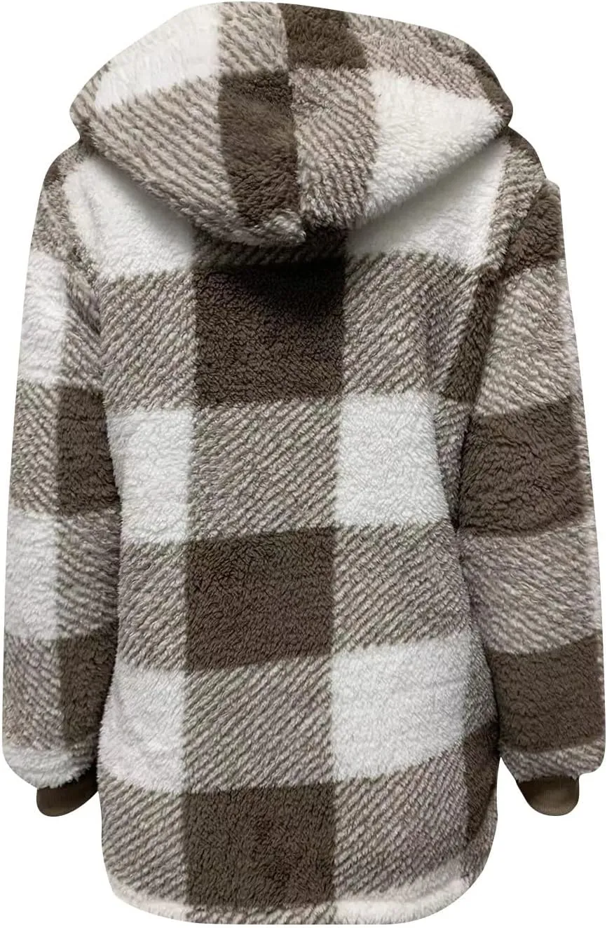 GOFULY Coats For Women Winter Soft Plush Hoodie Full Zip Fall Sherpa Jackets 2024 Plaid Cardigan With Pockets Outfits Trendy