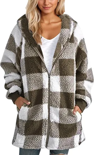GOFULY Coats For Women Winter Soft Plush Hoodie Full Zip Fall Sherpa Jackets 2024 Plaid Cardigan With Pockets Outfits Trendy