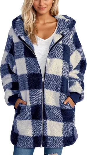 GOFULY Coats For Women Winter Soft Plush Hoodie Full Zip Fall Sherpa Jackets 2024 Plaid Cardigan With Pockets Outfits Trendy