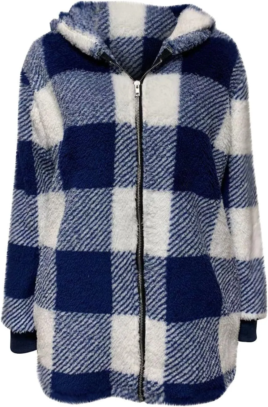 GOFULY Coats For Women Winter Soft Plush Hoodie Full Zip Fall Sherpa Jackets 2024 Plaid Cardigan With Pockets Outfits Trendy
