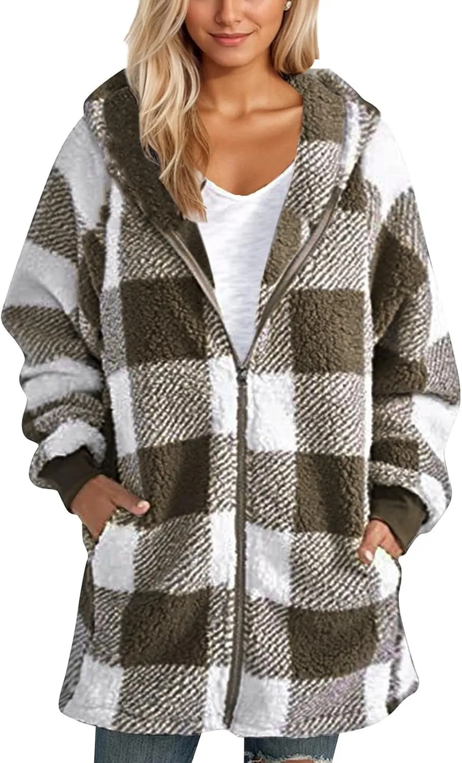 GOFULY Coats For Women Winter Soft Plush Hoodie Full Zip Fall Sherpa Jackets 2024 Plaid Cardigan With Pockets Outfits Trendy