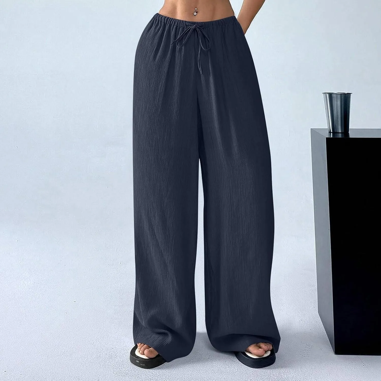 GOFULY Linen Pants Women Wide Leg Beach High Rise Pants Casual Elastic Waist Drawstring Summer 2025 Solid Trouser with Pocket