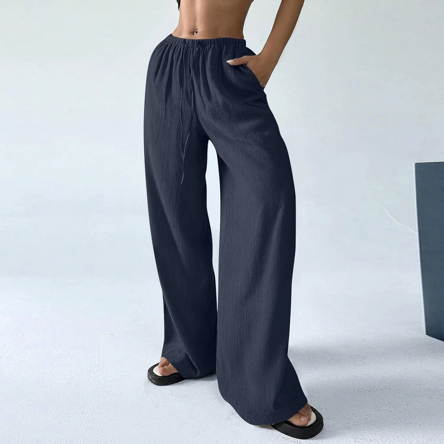 GOFULY Linen Pants Women Wide Leg Beach High Rise Pants Casual Elastic Waist Drawstring Summer 2025 Solid Trouser with Pocket