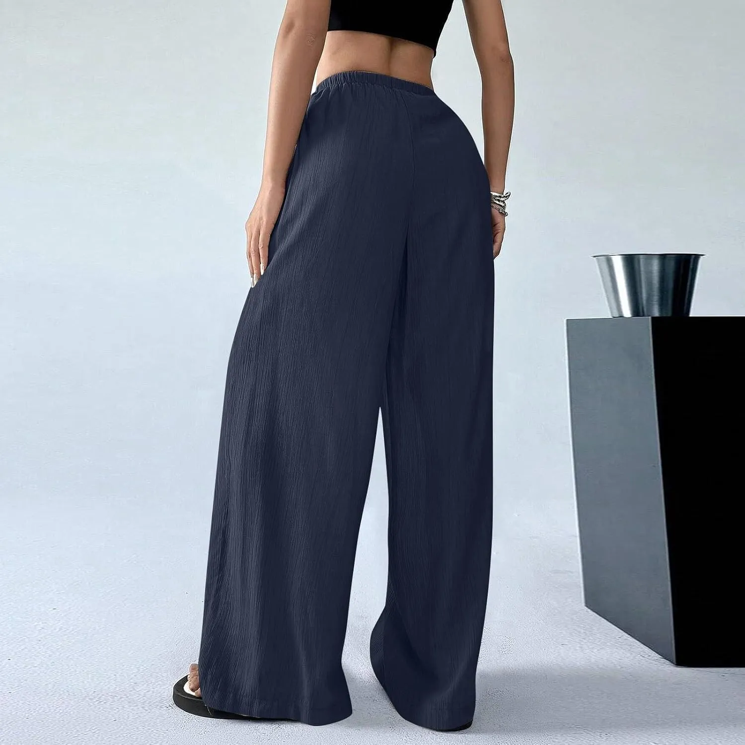 GOFULY Linen Pants Women Wide Leg Beach High Rise Pants Casual Elastic Waist Drawstring Summer 2025 Solid Trouser with Pocket