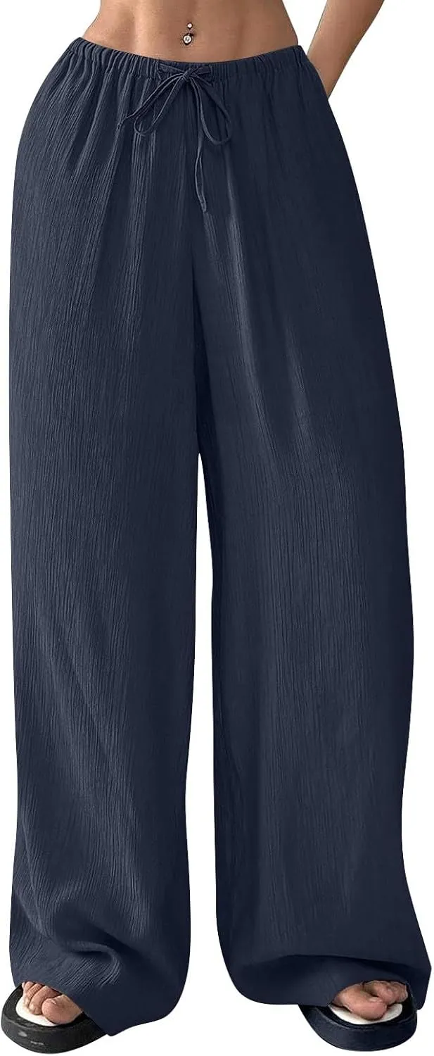 GOFULY Linen Pants Women Wide Leg Beach High Rise Pants Casual Elastic Waist Drawstring Summer 2025 Solid Trouser with Pocket