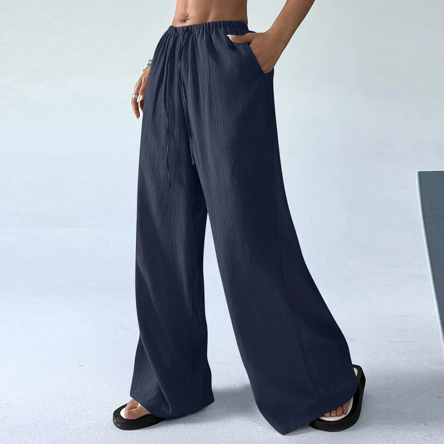 GOFULY Linen Pants Women Wide Leg Beach High Rise Pants Casual Elastic Waist Drawstring Summer 2025 Solid Trouser with Pocket