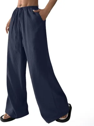 GOFULY Linen Pants Women Wide Leg Beach High Rise Pants Casual Elastic Waist Drawstring Summer 2025 Solid Trouser with Pocket