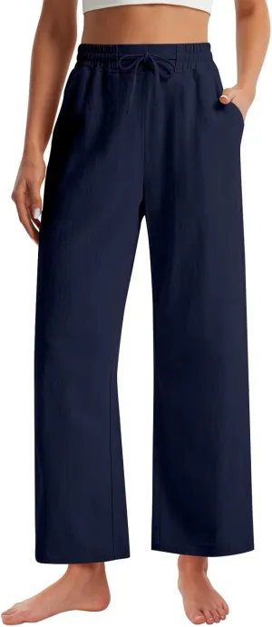 GOFULY Womens Linen Pants Casual Wide Leg 2025 High Rise Pants Drawstring Elastic Waist Summer 2025 Solid Trouser with Pocket