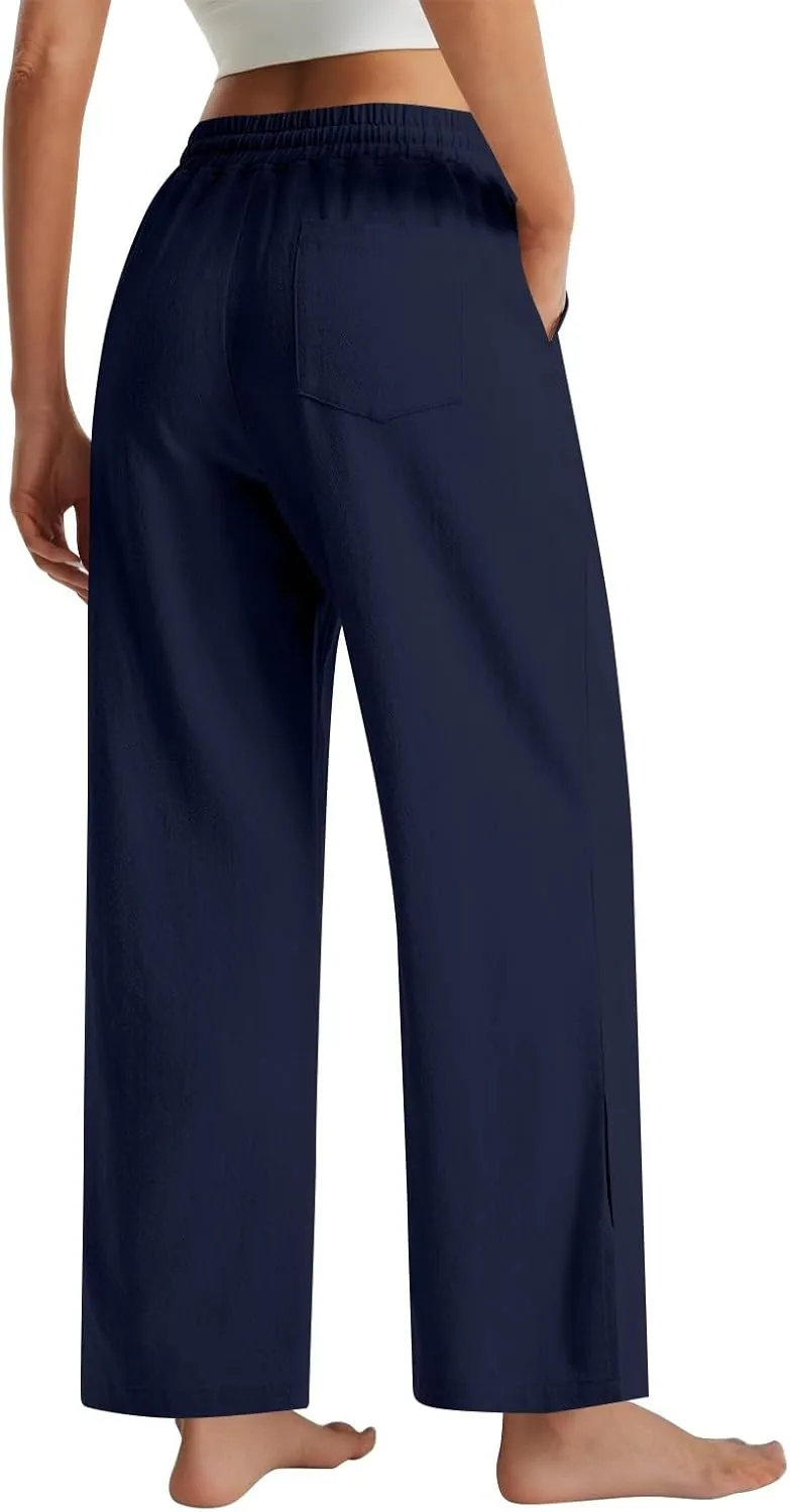 GOFULY Womens Linen Pants Casual Wide Leg 2025 High Rise Pants Drawstring Elastic Waist Summer 2025 Solid Trouser with Pocket