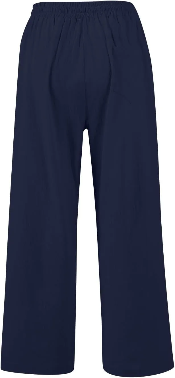 GOFULY Womens Linen Pants Casual Wide Leg 2025 High Rise Pants Drawstring Elastic Waist Summer 2025 Solid Trouser with Pocket