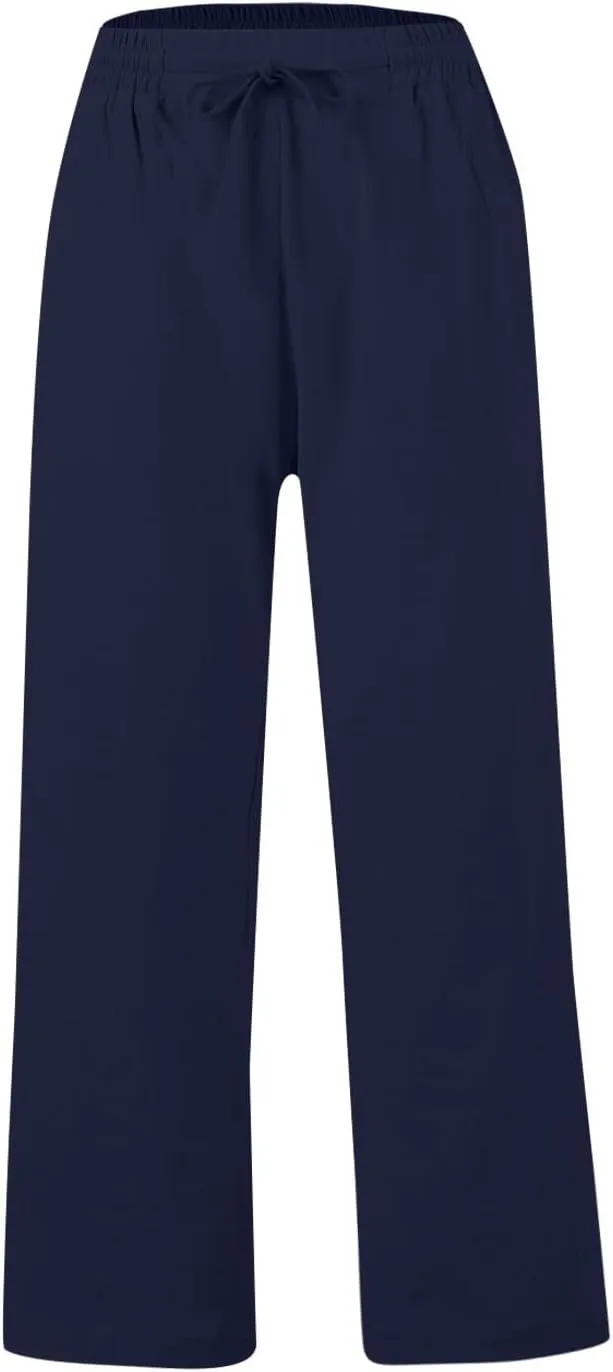 GOFULY Womens Linen Pants Casual Wide Leg 2025 High Rise Pants Drawstring Elastic Waist Summer 2025 Solid Trouser with Pocket