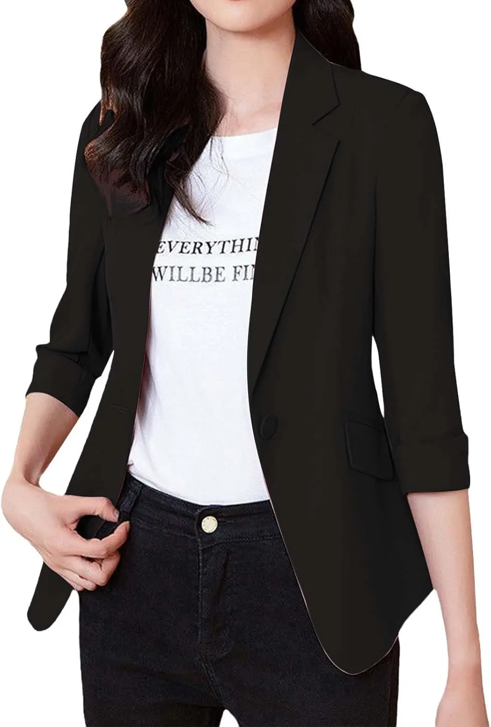 GOKKILRW Womens Blazers Petite Ladies Coats 3/4 Sleeve One Button Lapel Collared Formal Jackets Business Office Work Suits