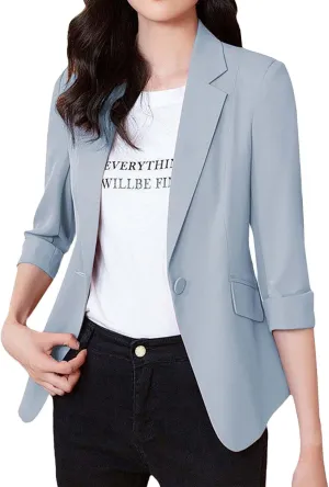 GOKKILRW Womens Blazers Petite Ladies Coats 3/4 Sleeve One Button Lapel Collared Formal Jackets Business Office Work Suits