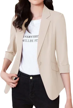 GOKKILRW Womens Blazers Petite Ladies Coats 3/4 Sleeve One Button Lapel Collared Formal Jackets Business Office Work Suits