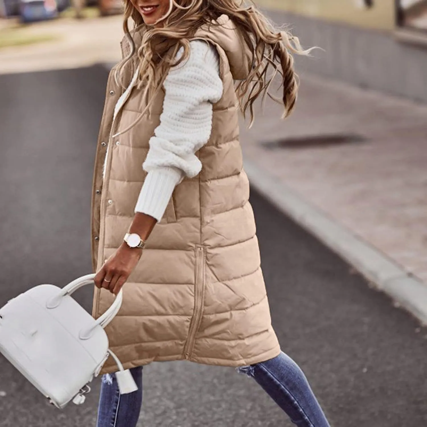 GOKKILRW Womens Winter Long Puffer Vests Outdoor Sleeveless Quilted Down Coats with Hood Warm Zip Up Cotton Padded Jackets