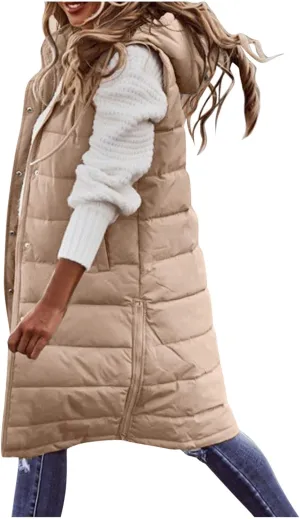 GOKKILRW Womens Winter Long Puffer Vests Outdoor Sleeveless Quilted Down Coats with Hood Warm Zip Up Cotton Padded Jackets