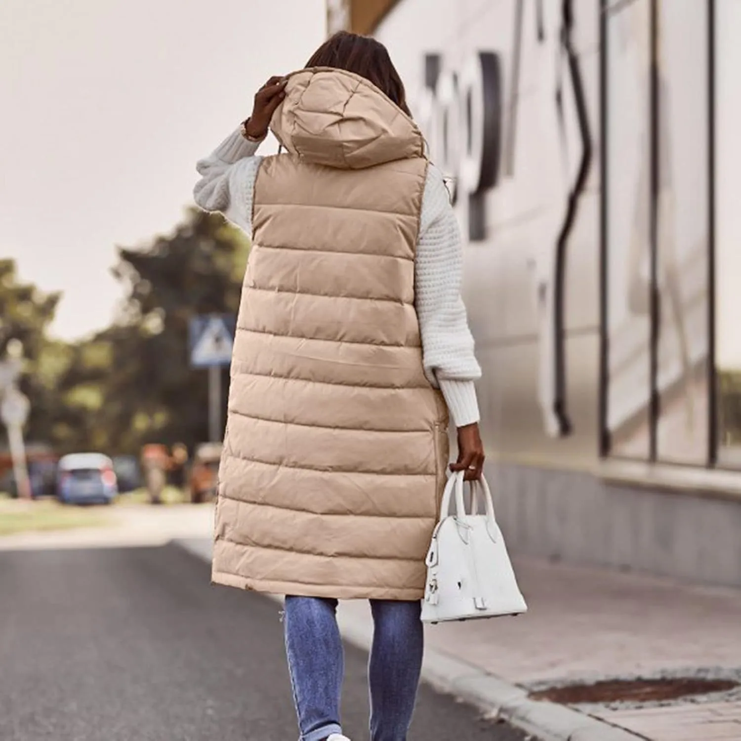 GOKKILRW Womens Winter Long Puffer Vests Outdoor Sleeveless Quilted Down Coats with Hood Warm Zip Up Cotton Padded Jackets