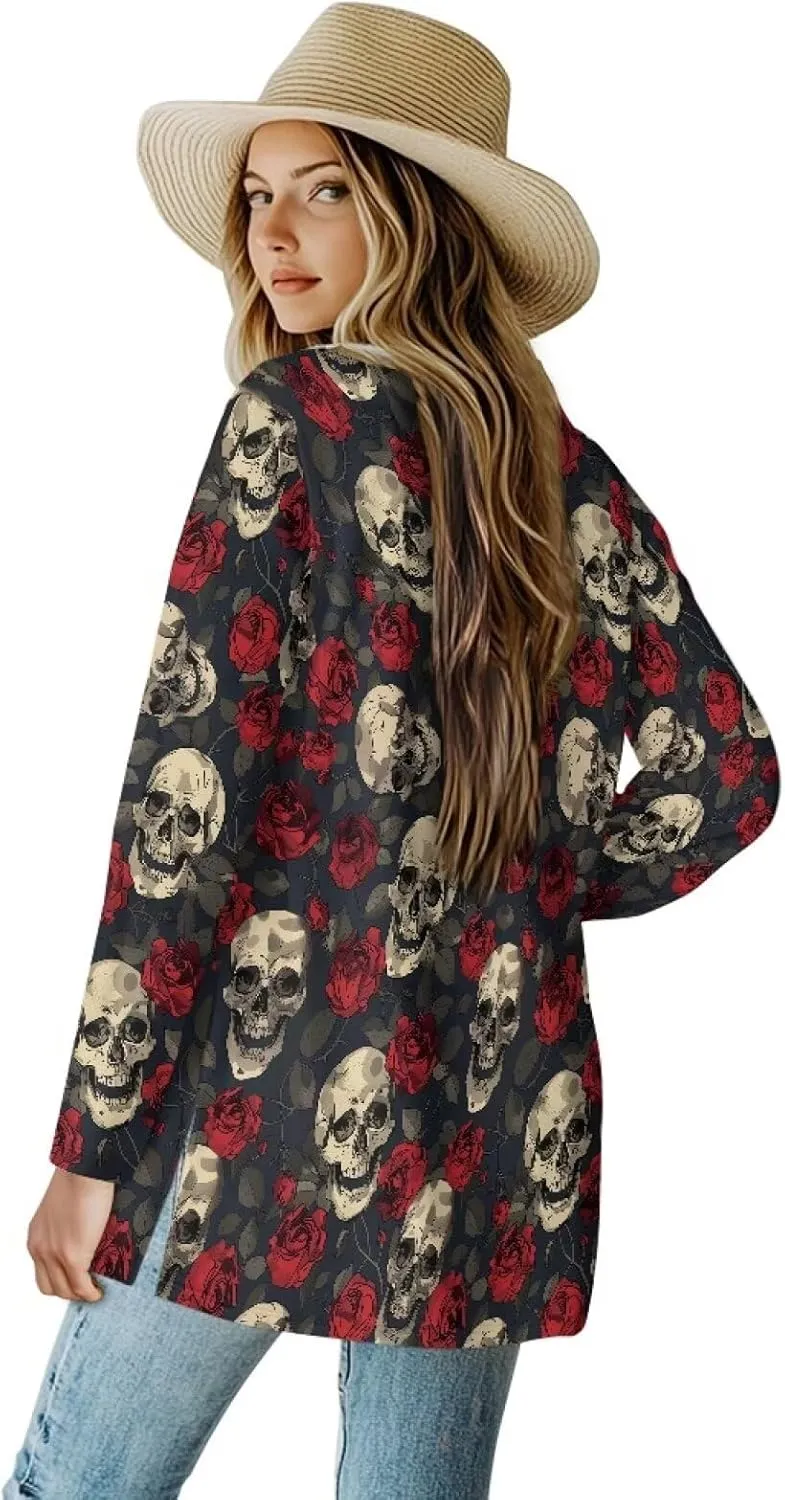 Gothic Skull Women Cardigan Sweaters Casual Open Front Cardigans Soft Draped Long Sleeve Jackets Dusters V-Neck Tops