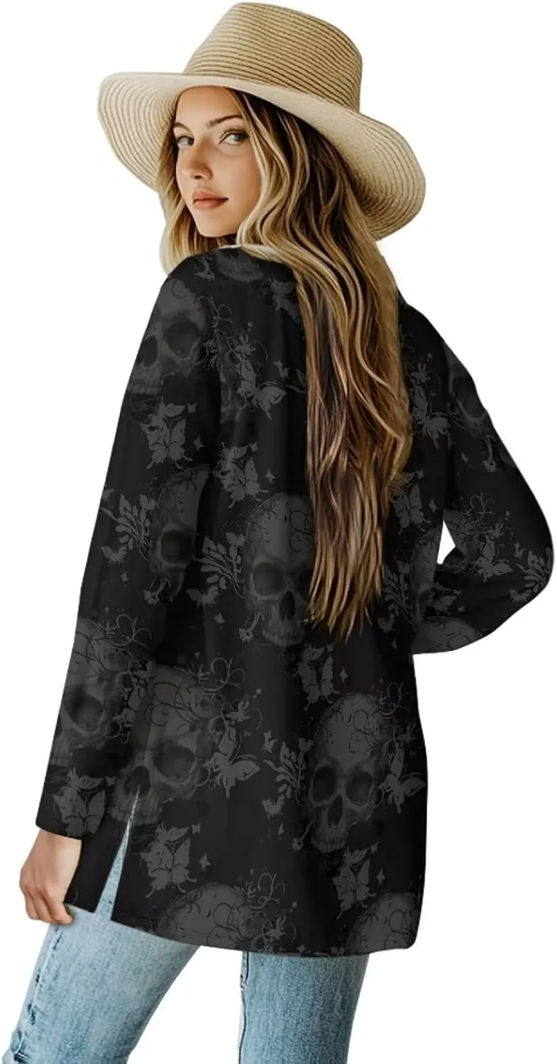 Gothic Skull Women Cardigan Sweaters Casual Open Front Cardigans Soft Draped Long Sleeve Jackets Dusters V-Neck Tops