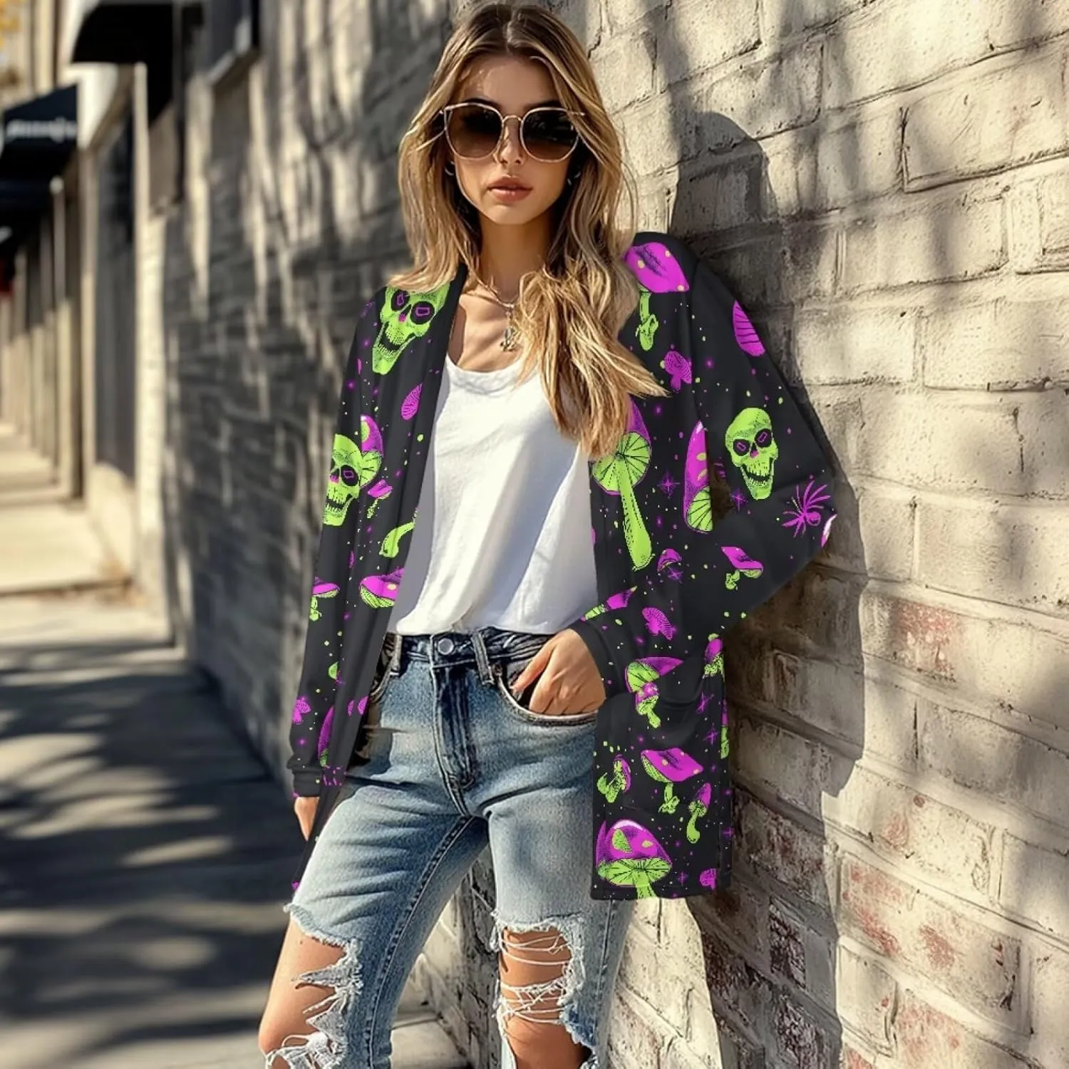 Gothic Skull Women Cardigan Sweaters Casual Open Front Cardigans Soft Draped Long Sleeve Jackets Dusters V-Neck Tops