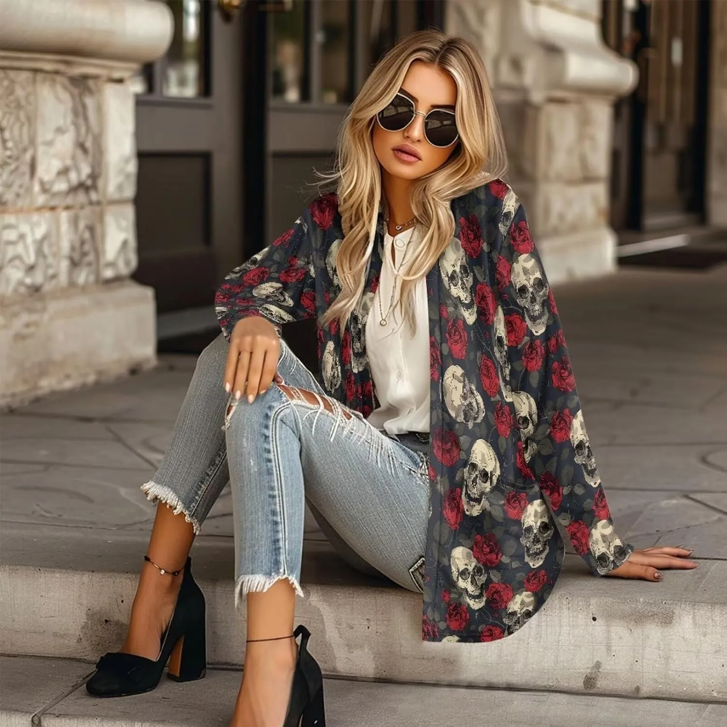 Gothic Skull Women Cardigan Sweaters Casual Open Front Cardigans Soft Draped Long Sleeve Jackets Dusters V-Neck Tops